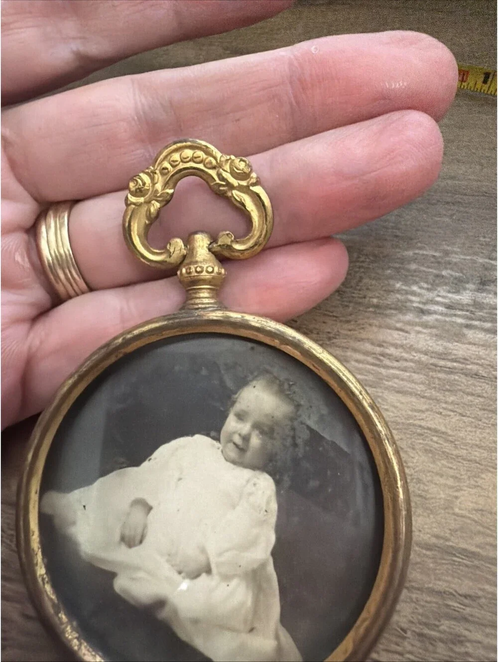 Antique Photograph of Child in Round Gold Frame Victorian